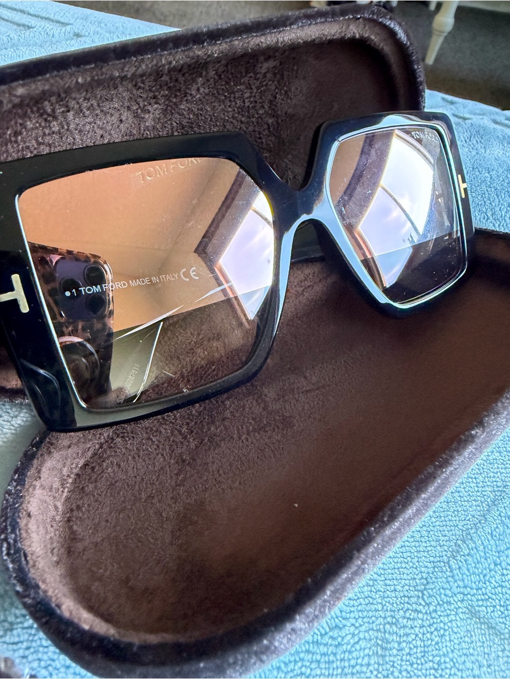 Tom Ford Shiny Black Oversized Square Sunglasses with Gold Accents